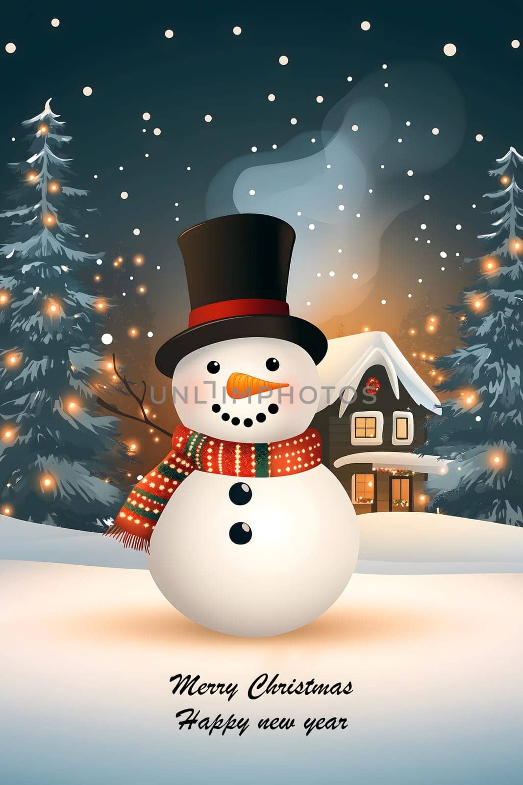 Greeting card for Christmas with smiling happy snowman with scarf and hat. Snow covered cabin, smoke rising, large pine trees with twinkling lights. - AI generated image