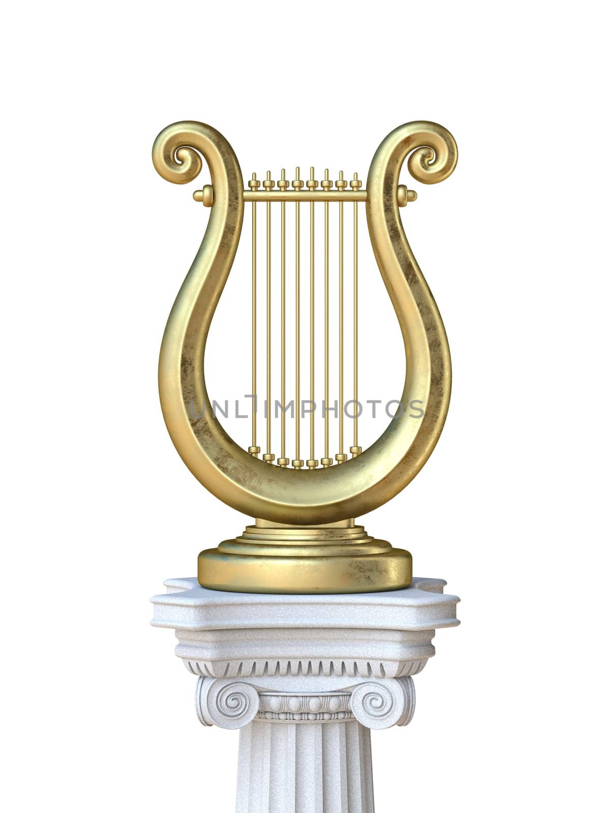 Golden lyre on antic column 3D rendering illustration isolated on white background