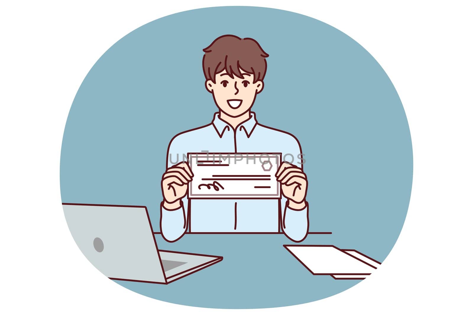 Businessman with paycheck sits at office desk with laptop showing off investments in start-ups from large corporations. Man with paycheck at his workplace demonstrates certificate for large amount