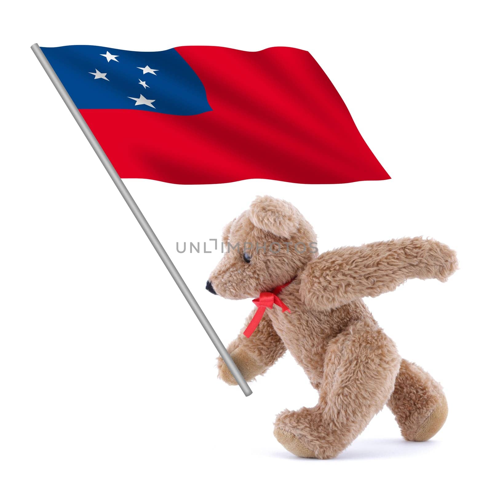 A Western Samoa flag being carried by a cute teddy bear