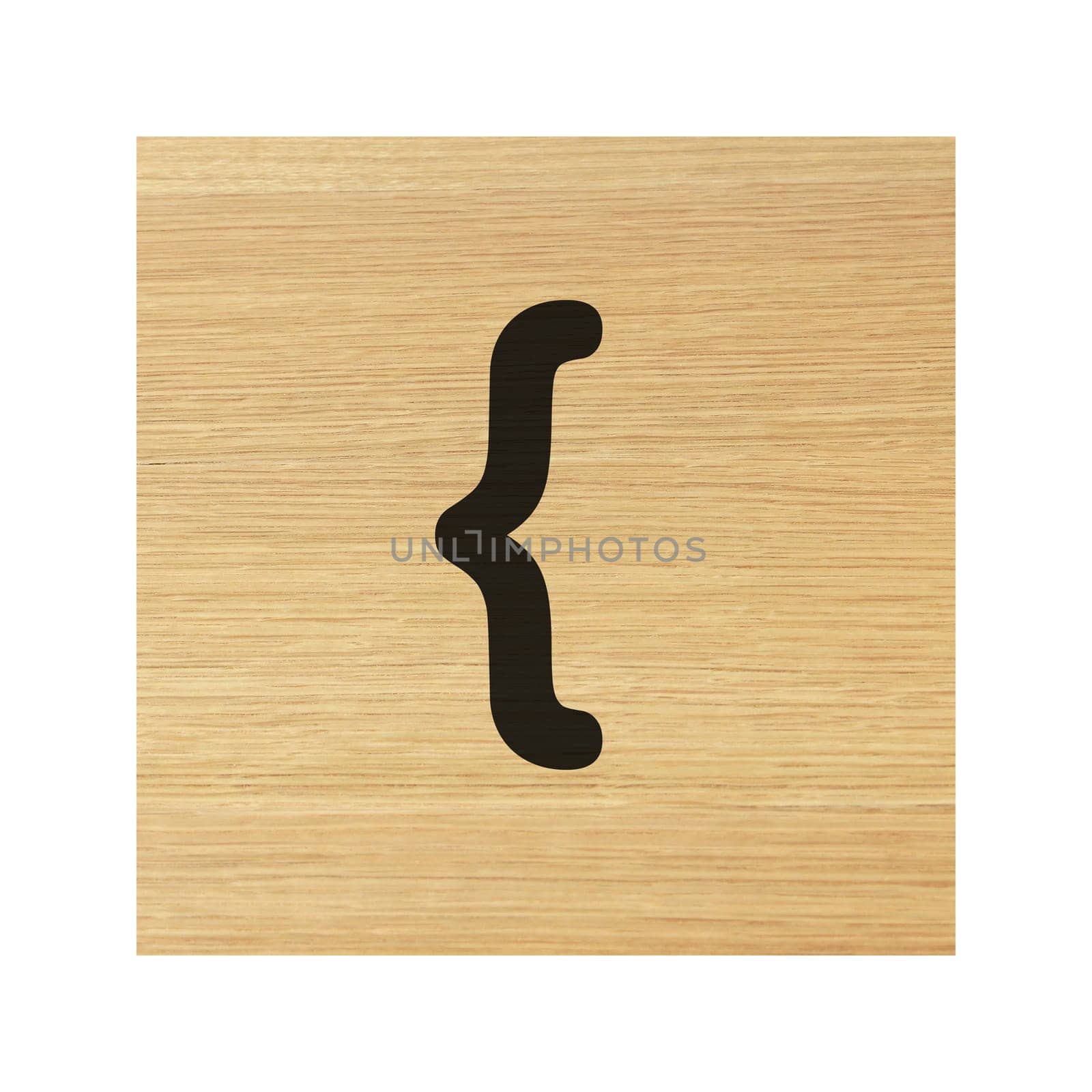 An open curly bracket brace sign on childs wood block on white with clipping path