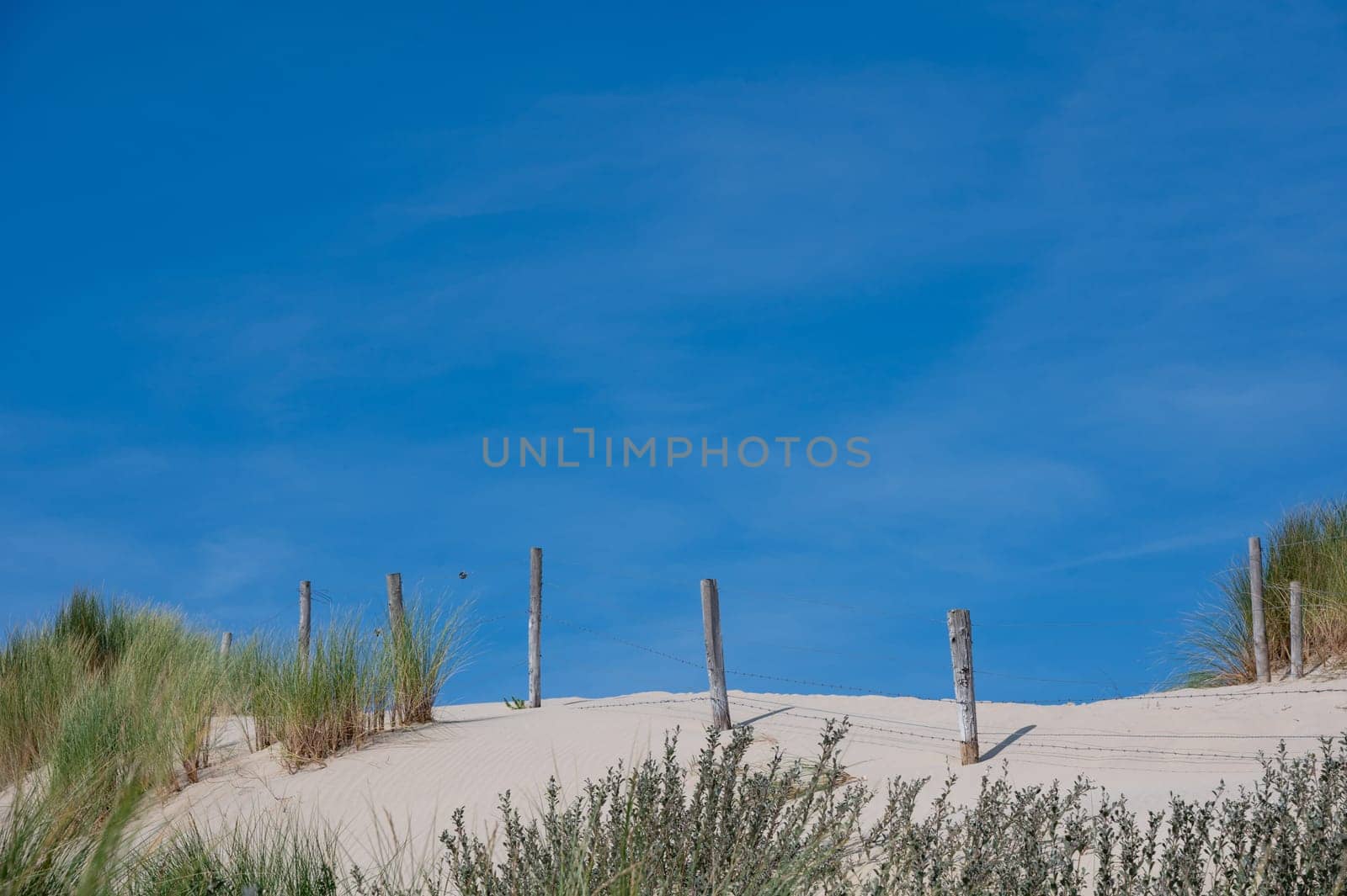 Barbed wire fence in the sand dunes with beach grass, blue sky and clouds