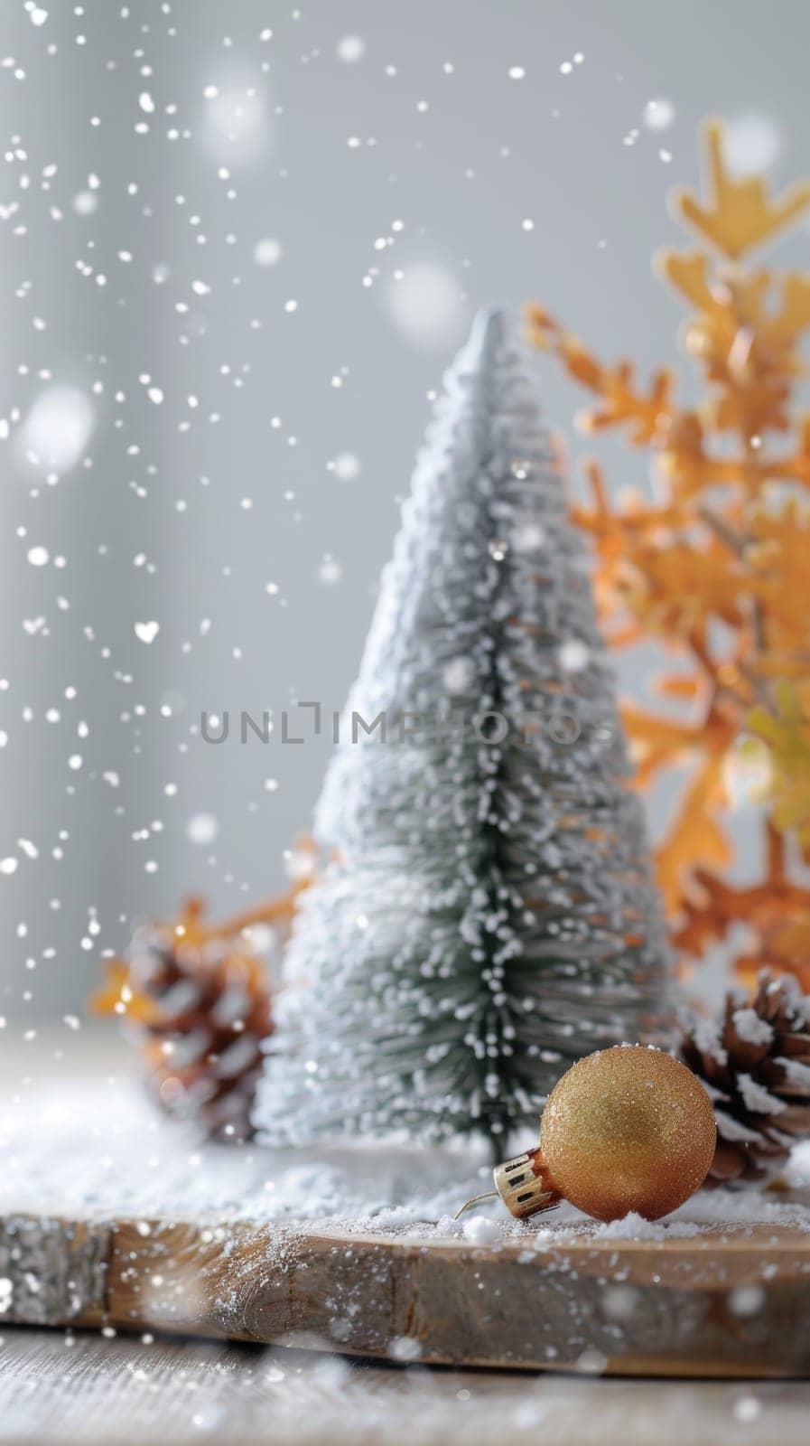 Christmas postcard with ornaments, Christmas tree in snow against blurred background, AI Generated