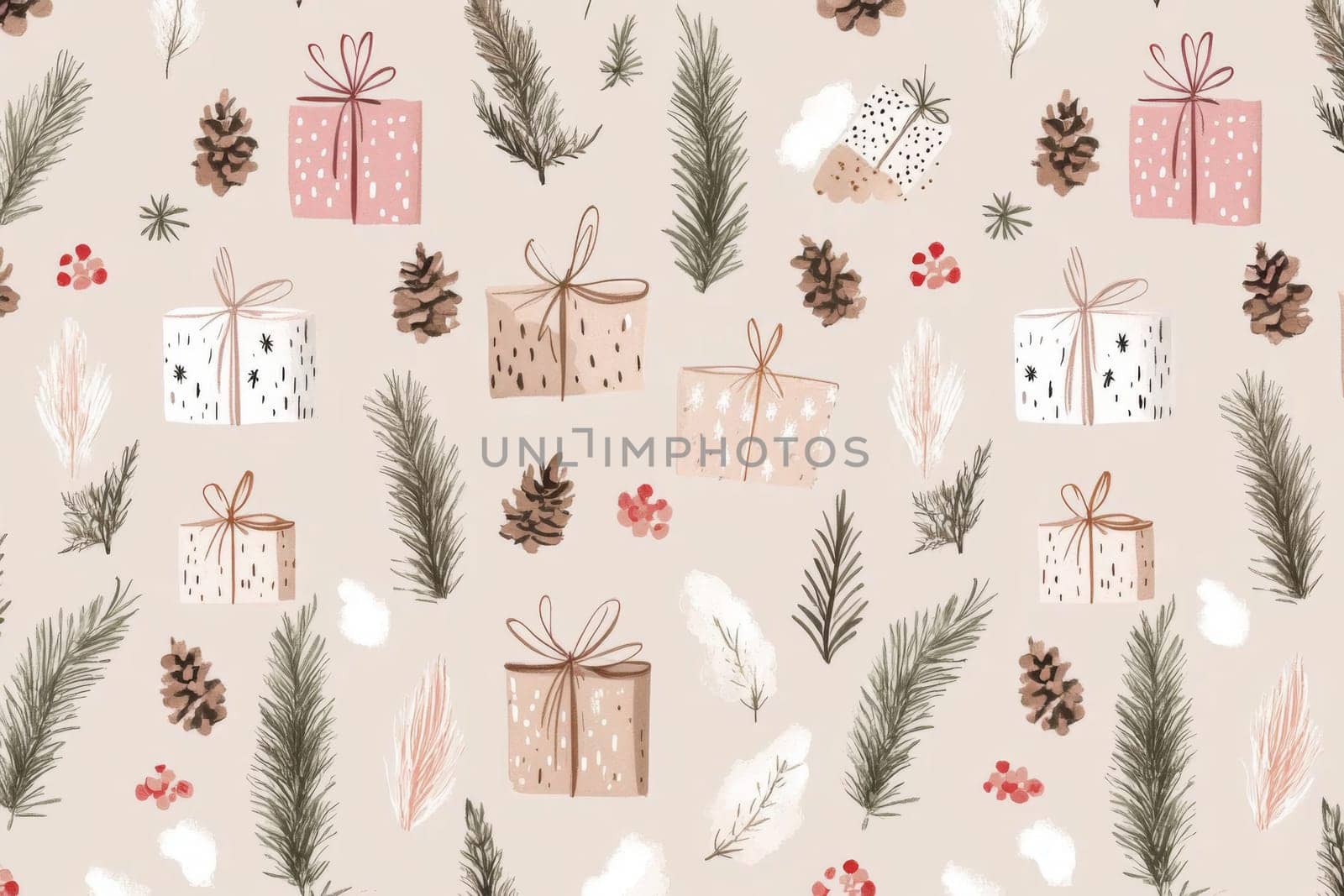 Christmas Gift boxes and pine cones pattern seamless holiday background, AI Generated
