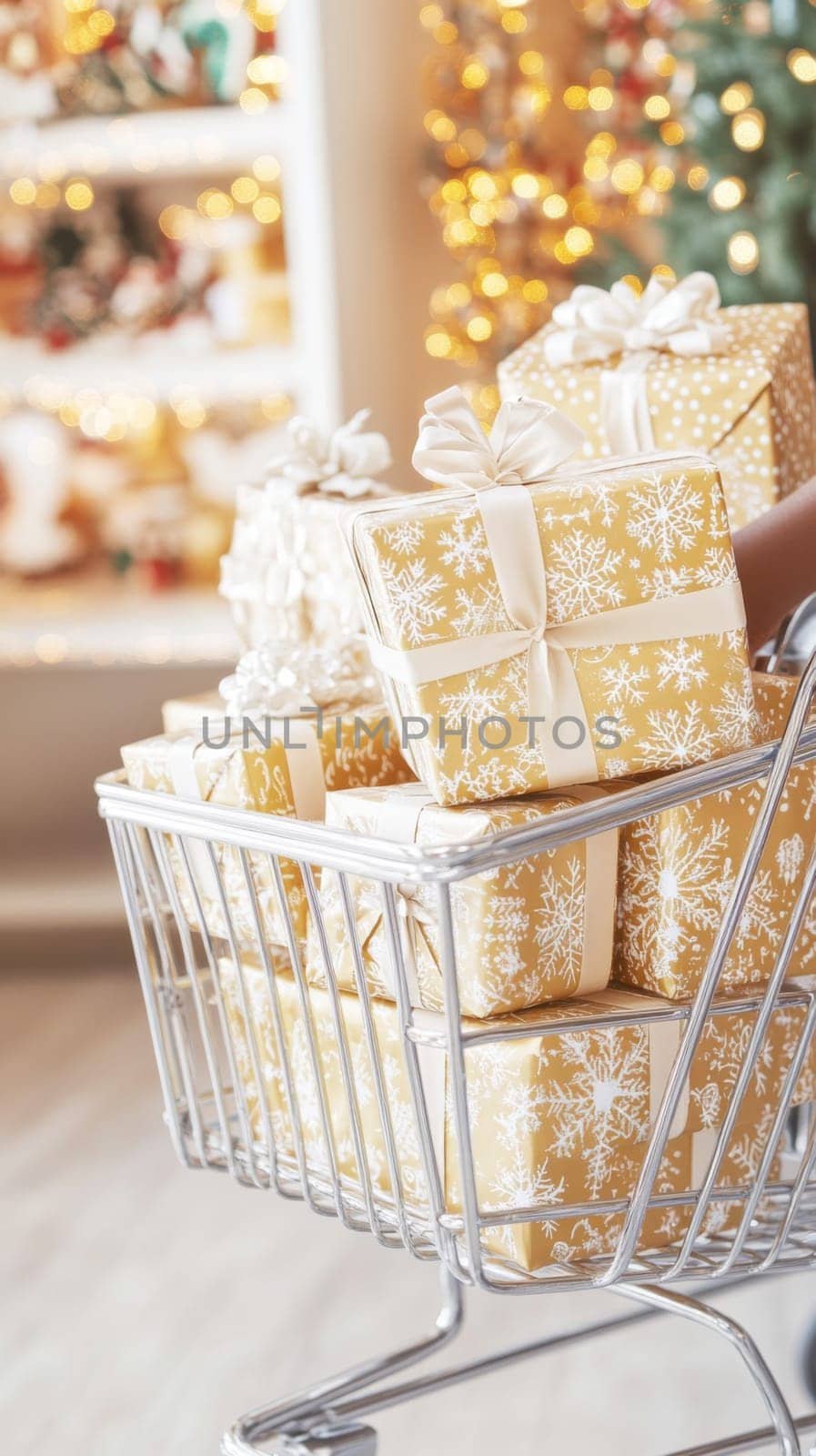 Shopping cart filled with wrapped gifts in Christmas, New Year festive store background, Black Friday sale, AI Generated
