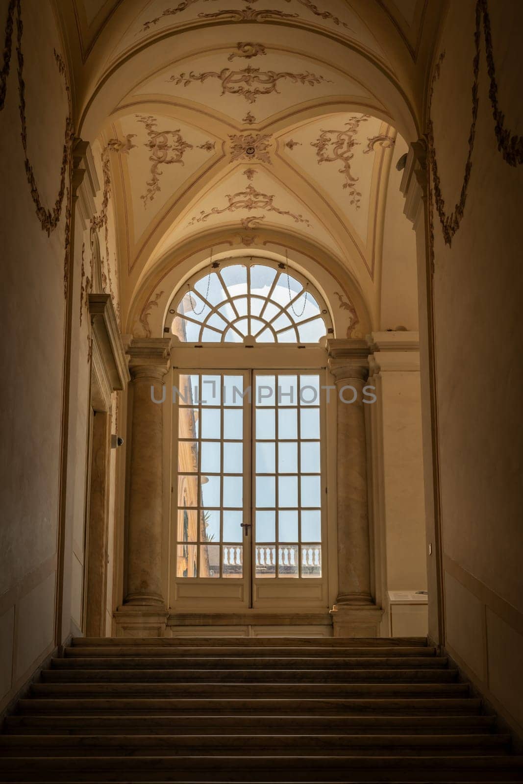 Ancient dark staircase - Grunge interior, nobody, empty building architecture, window