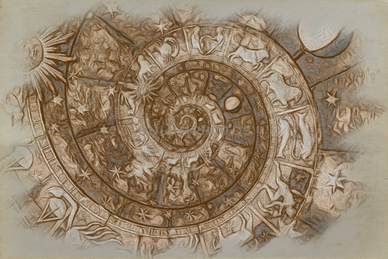 Astrological zodiac background. Vintage illustration art, grunge design. Concept of destiny, fortune, esoteric, magic, mysterious