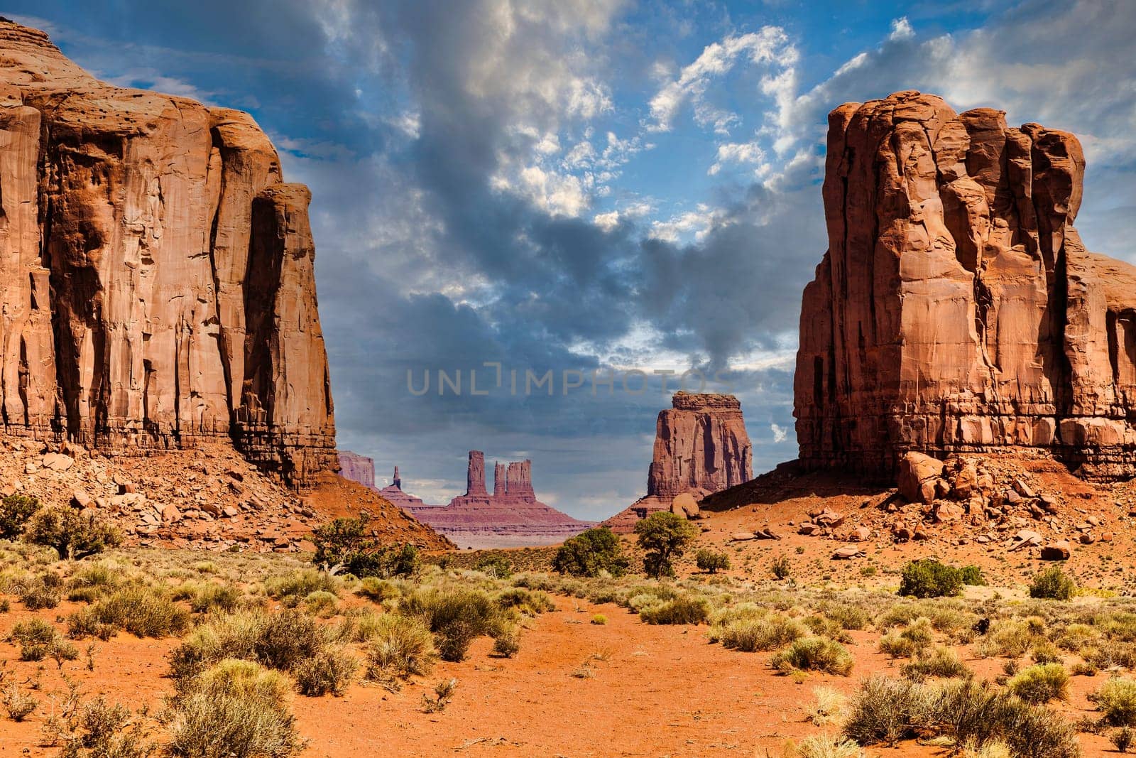 Monument Valley horizon, US, Navajo canyon park. Scenic sky, nature and rock desert.