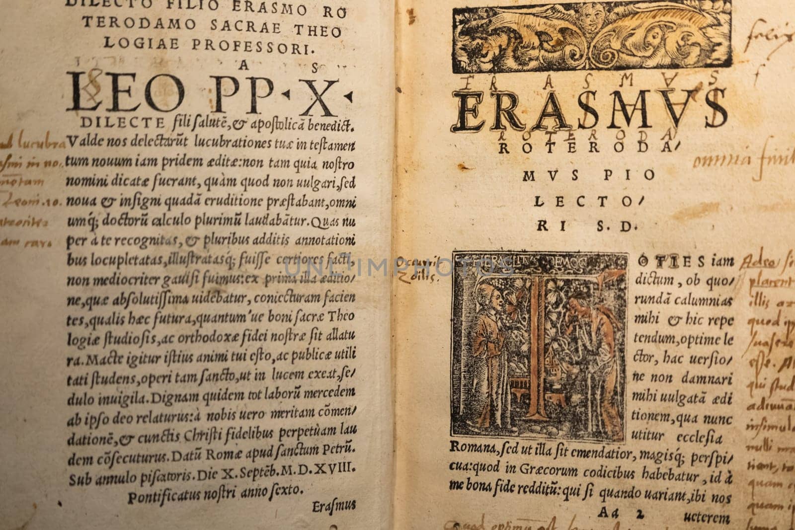 Turin, Italy - 22 April 2023: Erasmo da Rotterdam - Erasmus Roterodamus - New Testament, first printed in 1516. Ancient manuscript