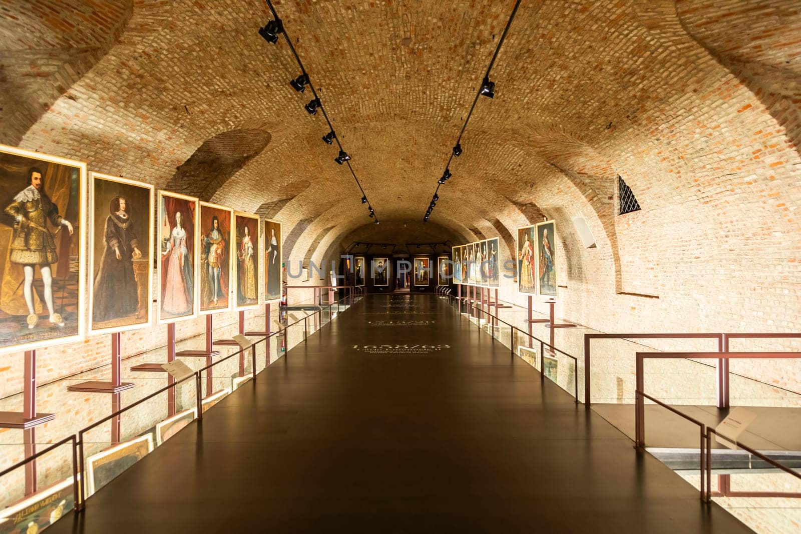 Venaria Reale - Turin, Italy - 16 July 2023: old gallery, museum with paintings perspective