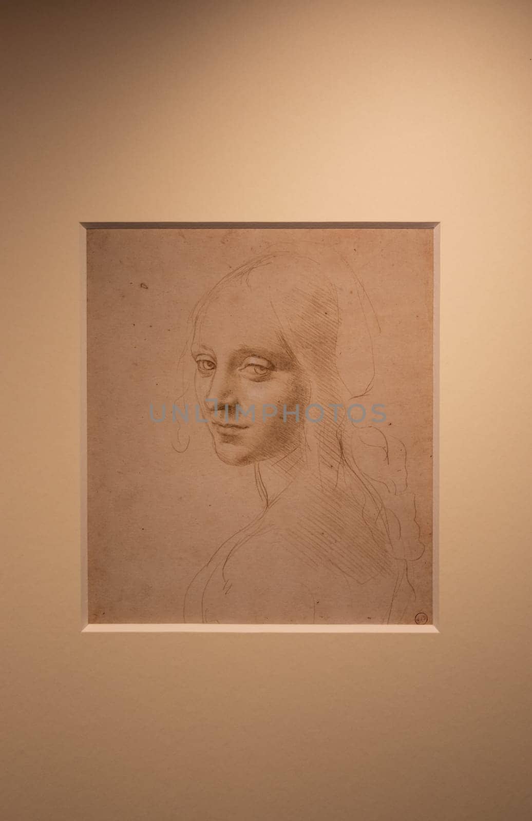 Turin, Italy - April, 2023: Leonardo da Vinci drawing, Royal Library - Face of a Girl, 1485