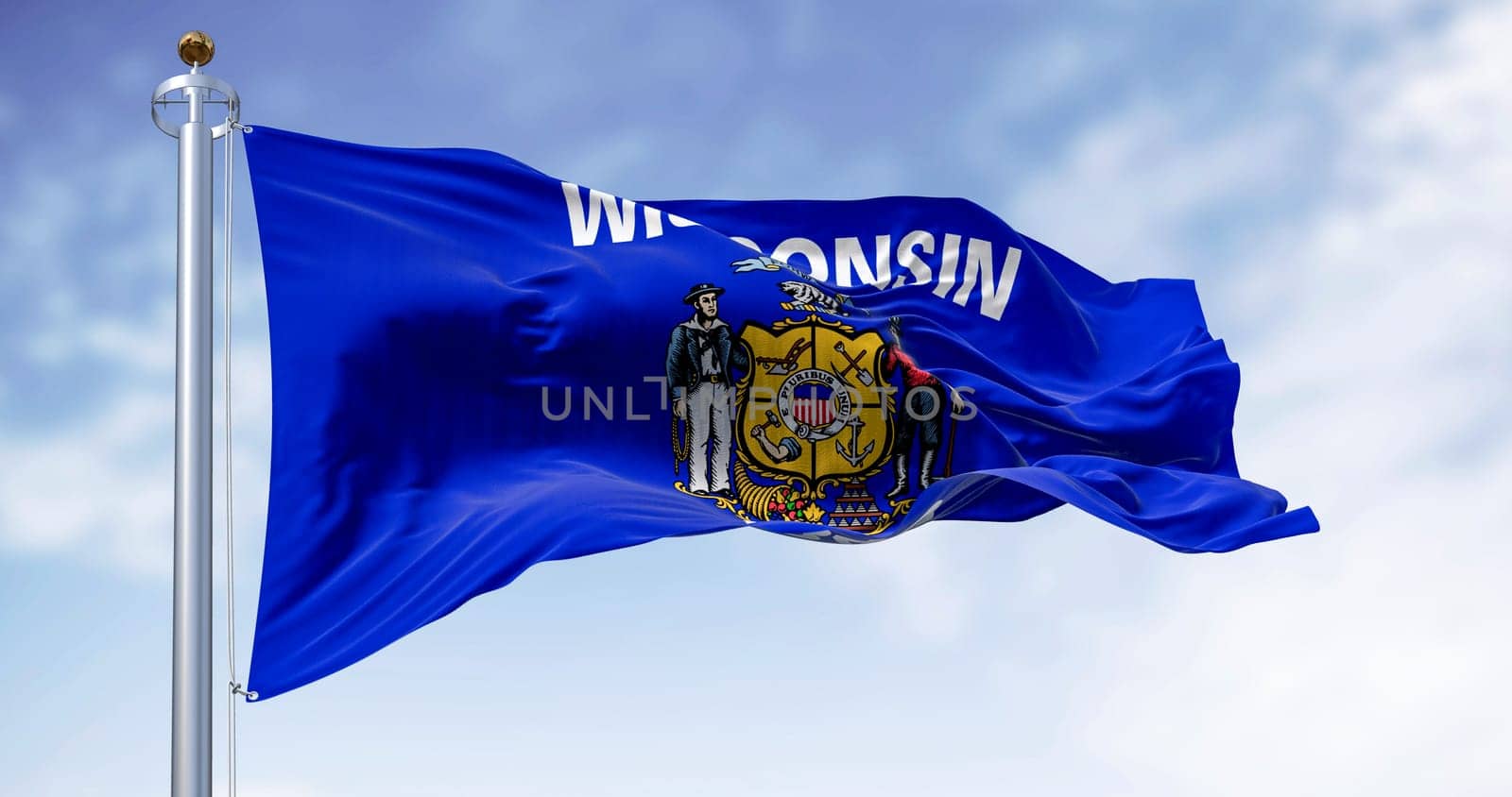 Close-up of Wisconsin state flag waving in the wind. Blue flag with a central coat of arms. 3d illustration render. Rippled fabric. Textured background. Selective focus