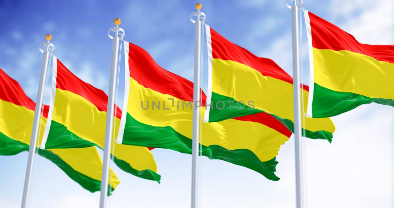Bolivia national flags waving in the wind. The Plurinational State of Bolivia is a State of South America. 3d illustration render. Fluttering fabric. Pride and patriotism. Selective focus