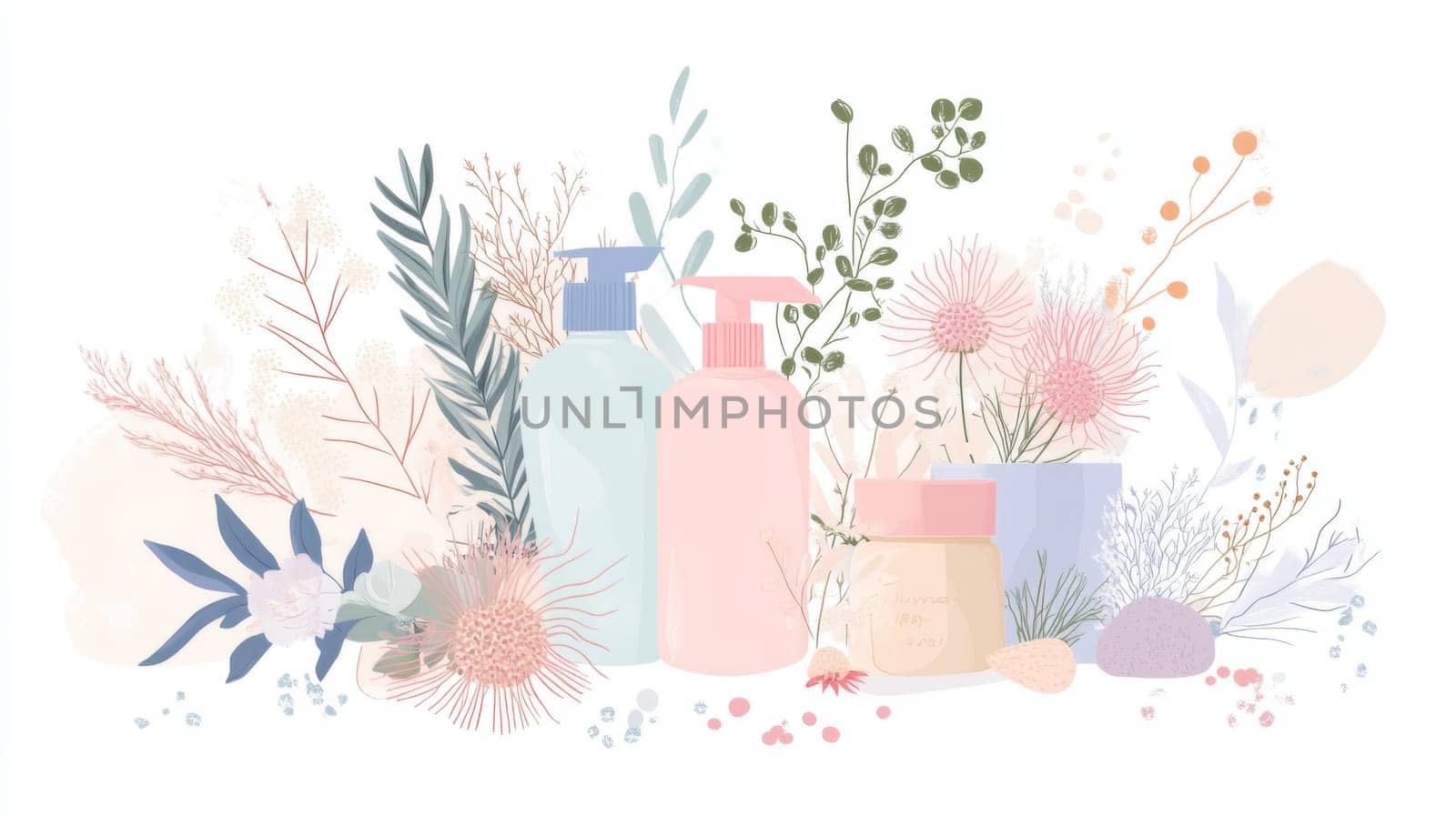 Bottles with spray and flowers on white background for spring cleaning concept, AI Generated