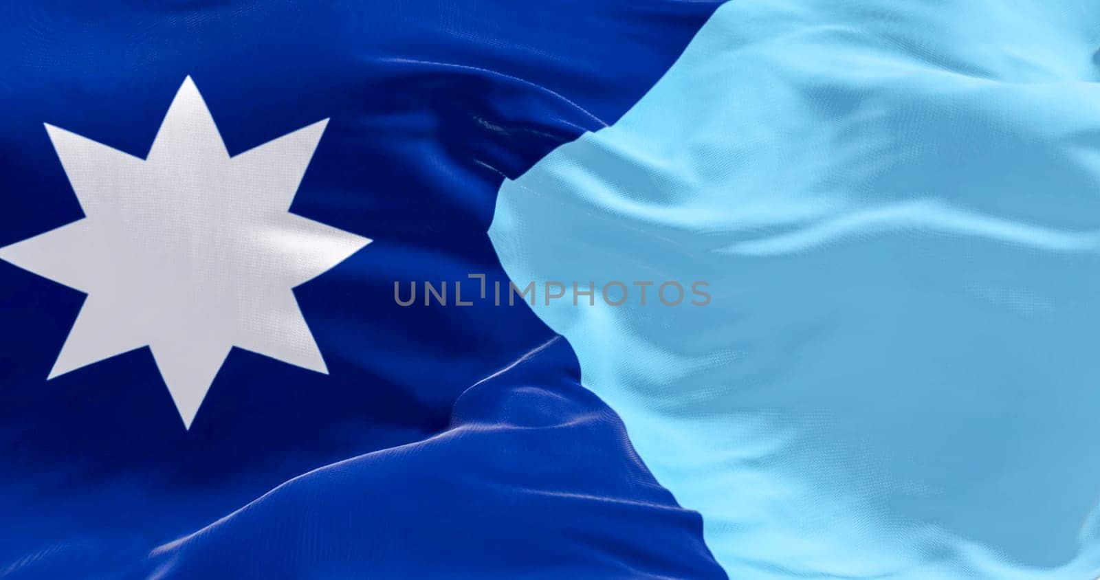 Close-up of Minnesota new state flag waving in the wind. State in the upper Midwest and northern regions of the United States. 3d illustration render. Rippled fabric