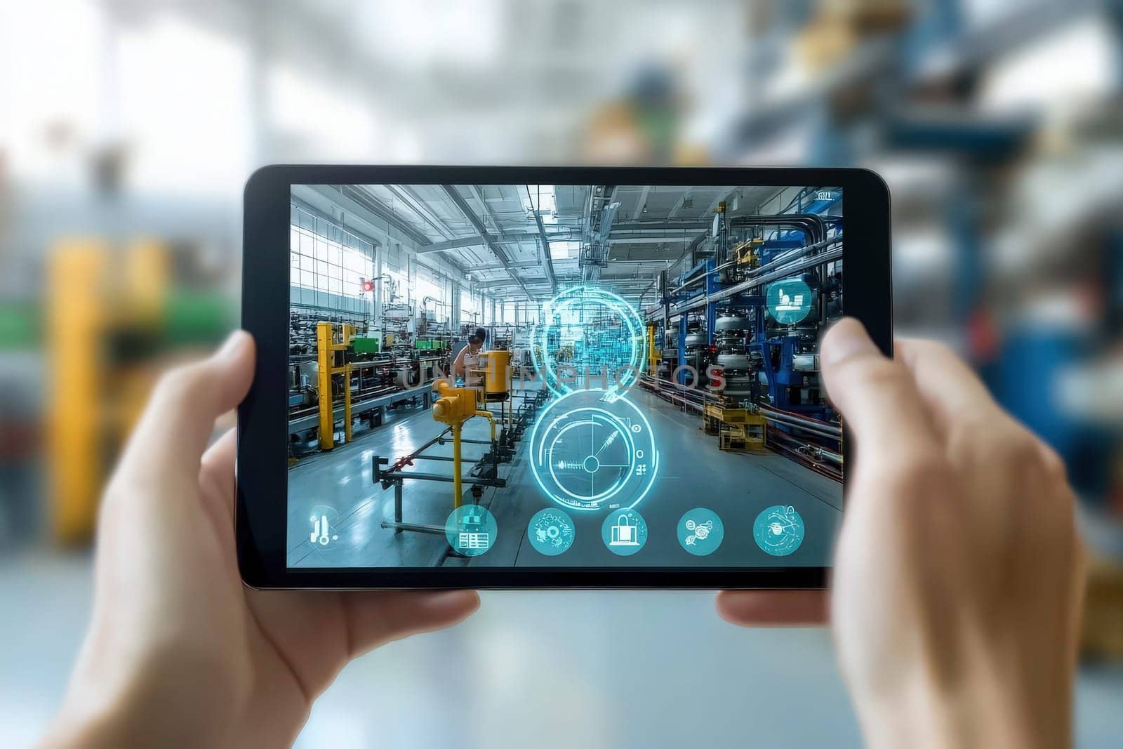 A factory worker is engaged with holographic technology, optimizing processes while surrounded by machinery and equipment. The innovative tools facilitate better workflow in the manufacturing setting.