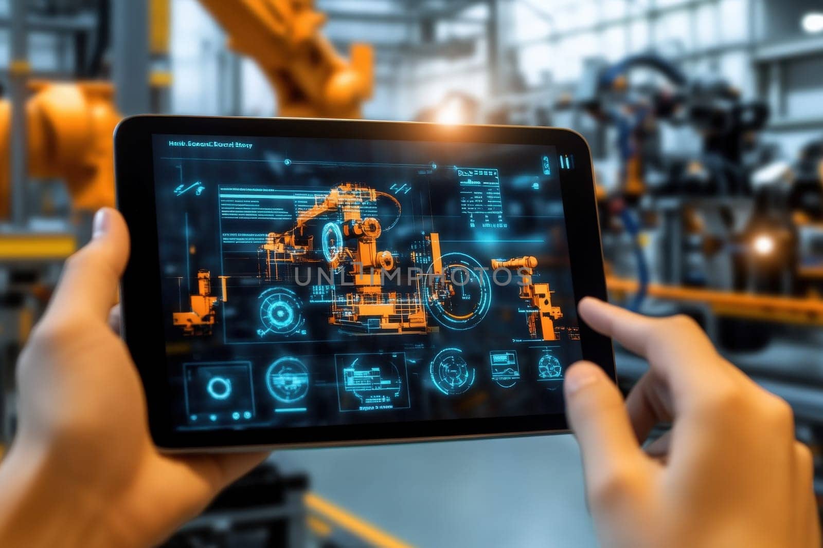 A factory worker uses a holographic display to control machinery and monitor production processes in a high-tech environment. Advanced technology is shaping efficient operations in the factory.