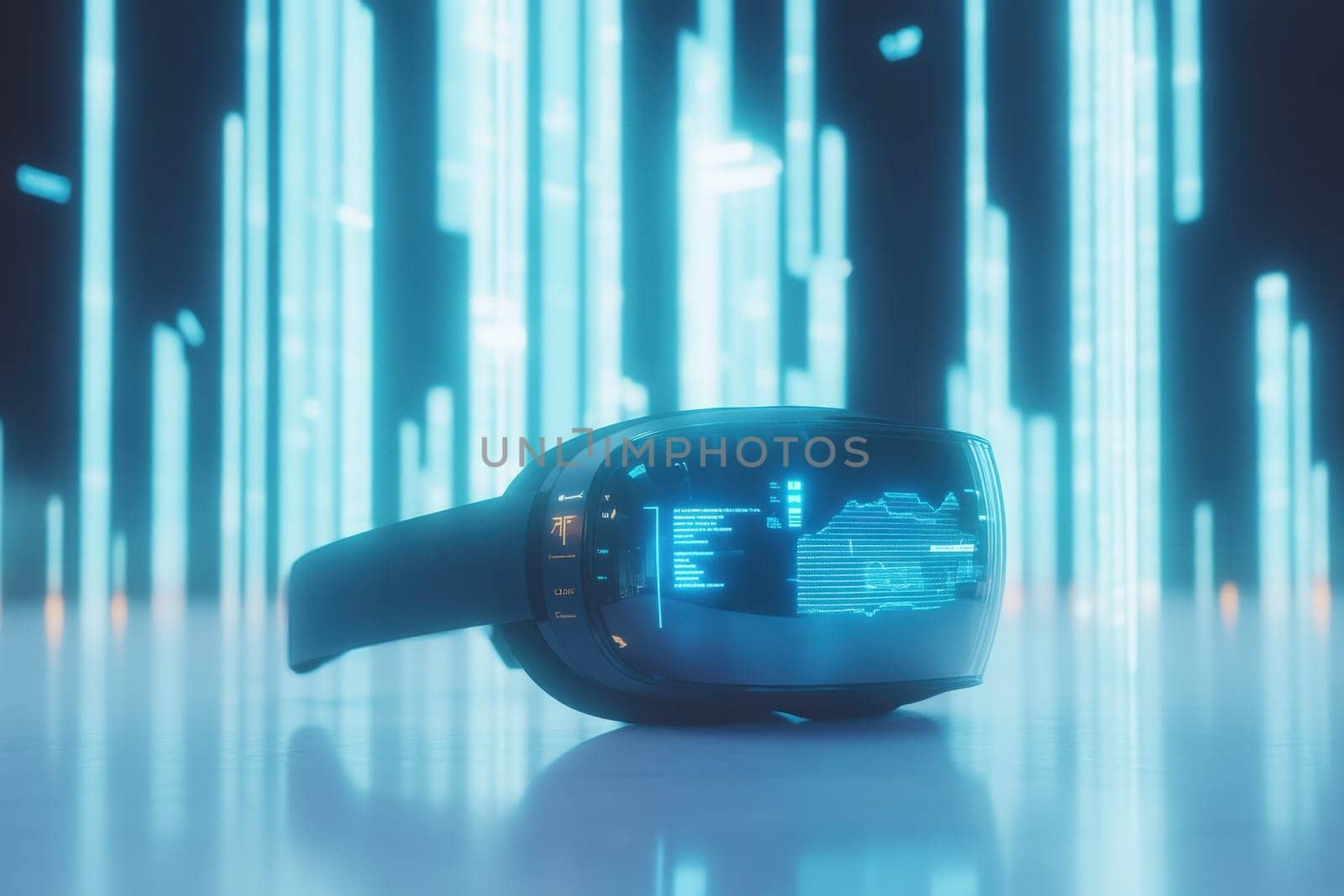 The augmented reality headset rests alone, displaying advanced digital graphics. Its design includes innovative features that potentially enhance user experience in a high-tech environment.