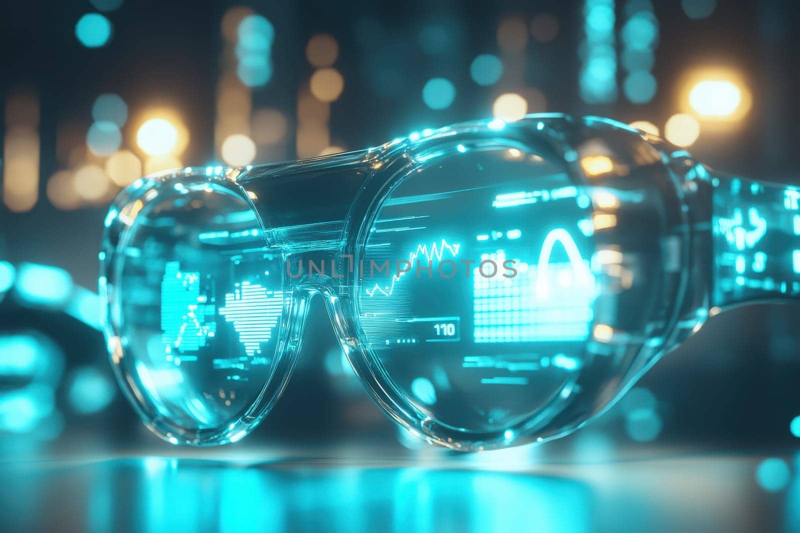 An isolated augmented reality headset showcases advanced technology with a vibrant interface. The device is ideal for interactive applications and immersive environments in various fields.
