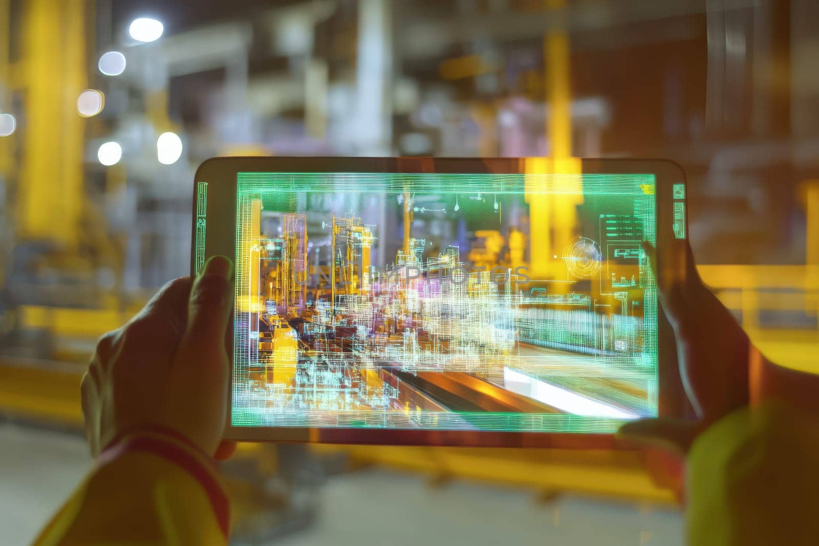 A factory worker interacts with a holographic display showcasing digital data and projections. This modern technology aids in monitoring processes and improving efficiency during nighttime operations.