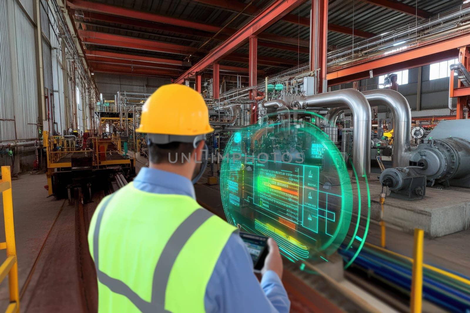 A factory worker wearing a yellow hard hat and safety vest engages with holographic displays to enhance productivity in a bustling industrial setting filled with machinery.