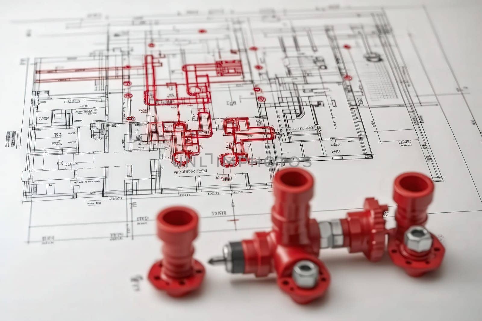 A handheld diagnostic device is placed on top of a detailed engineering blueprint, showcasing plumbing system layouts and intricate connections to facilitate analysis and understanding.