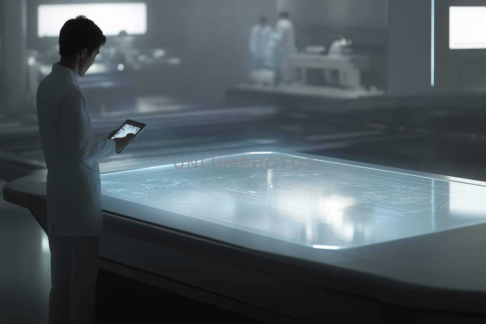 A factory worker stands attentively, using a tablet to interact with a large holographic display in a high-tech production environment. Surrounding colleagues are engaged in nearby tasks.