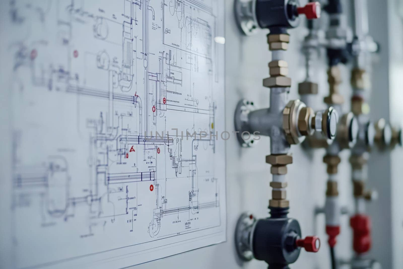 A handheld diagnostic tool rests beside detailed schematics showing complex plumbing and flow systems in a modern industrial facility, ready for inspection and analysis.