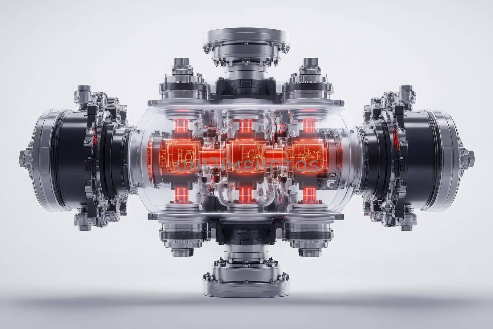 The diagnostic tool features a transparent casing revealing intricate internal components and illuminated parts, suitable for analyzing engine performance in a focused workspace.