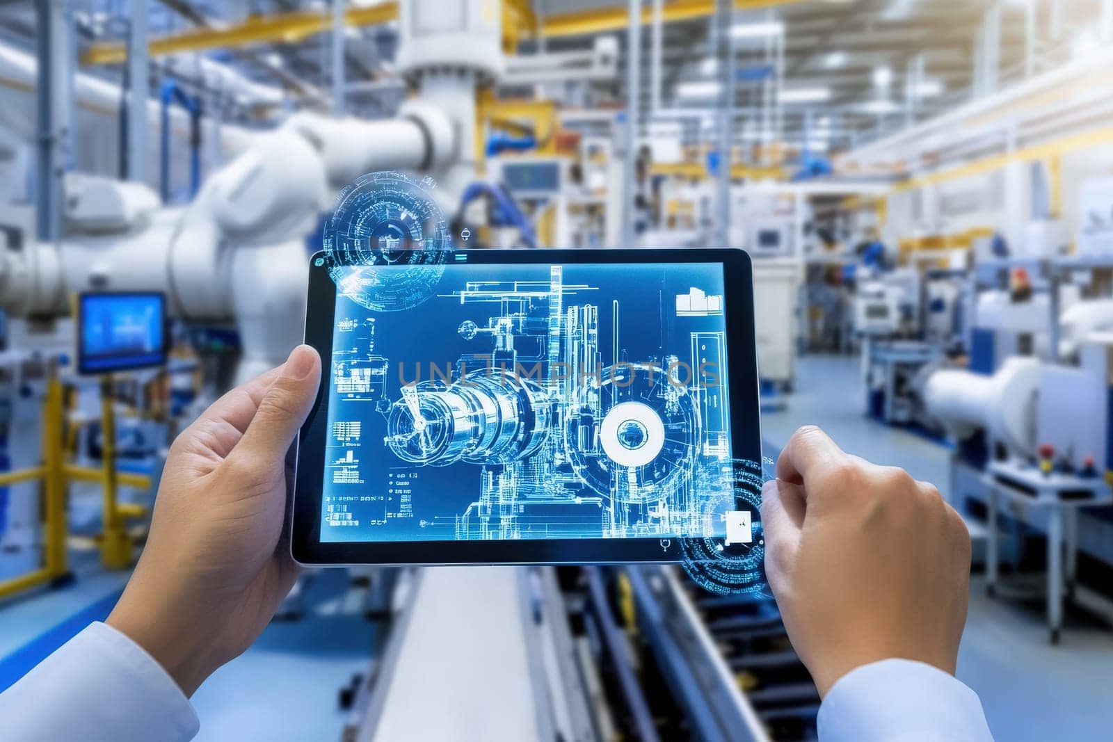 In a modern factory setting, a worker is engaged with a holographic display on a tablet, analyzing machinery blueprints. This technology aids in monitoring equipment efficiently.