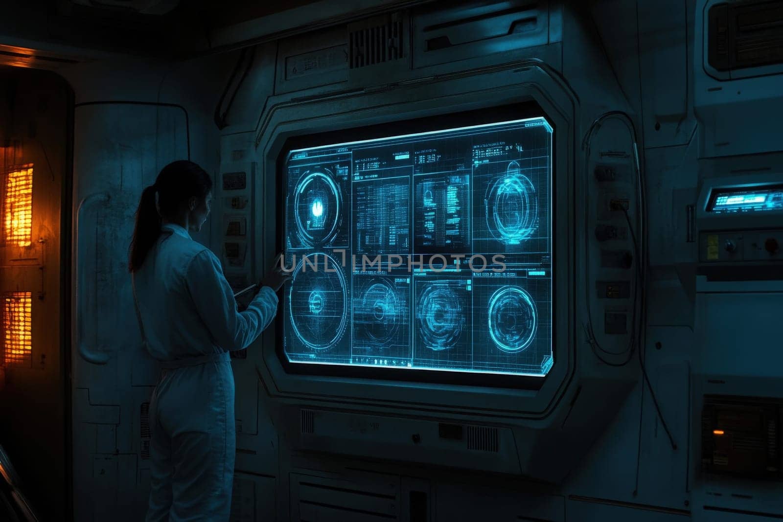 A factory worker interacts with a large holographic display, analyzing detailed data and designs in a high-tech environment.
