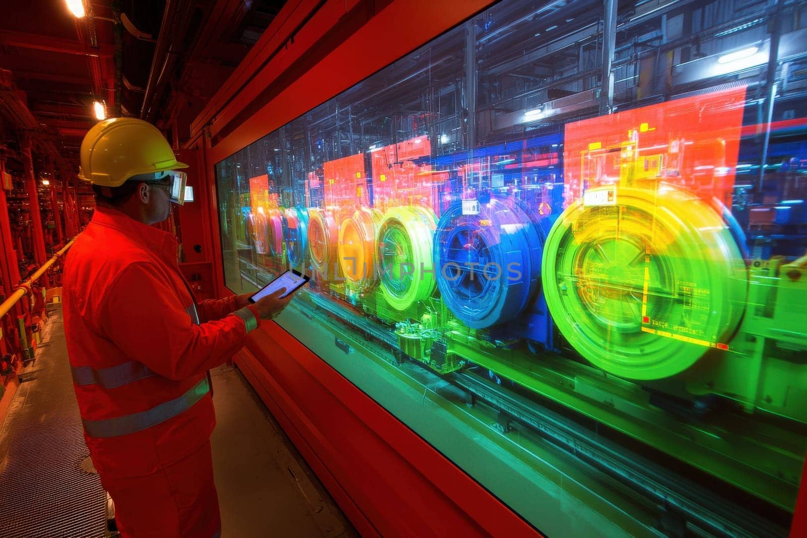 A factory worker dressed in safety gear observes machinery through a holographic display, ensuring efficient operations. The vibrant colors of the equipment highlight advanced technology in use.