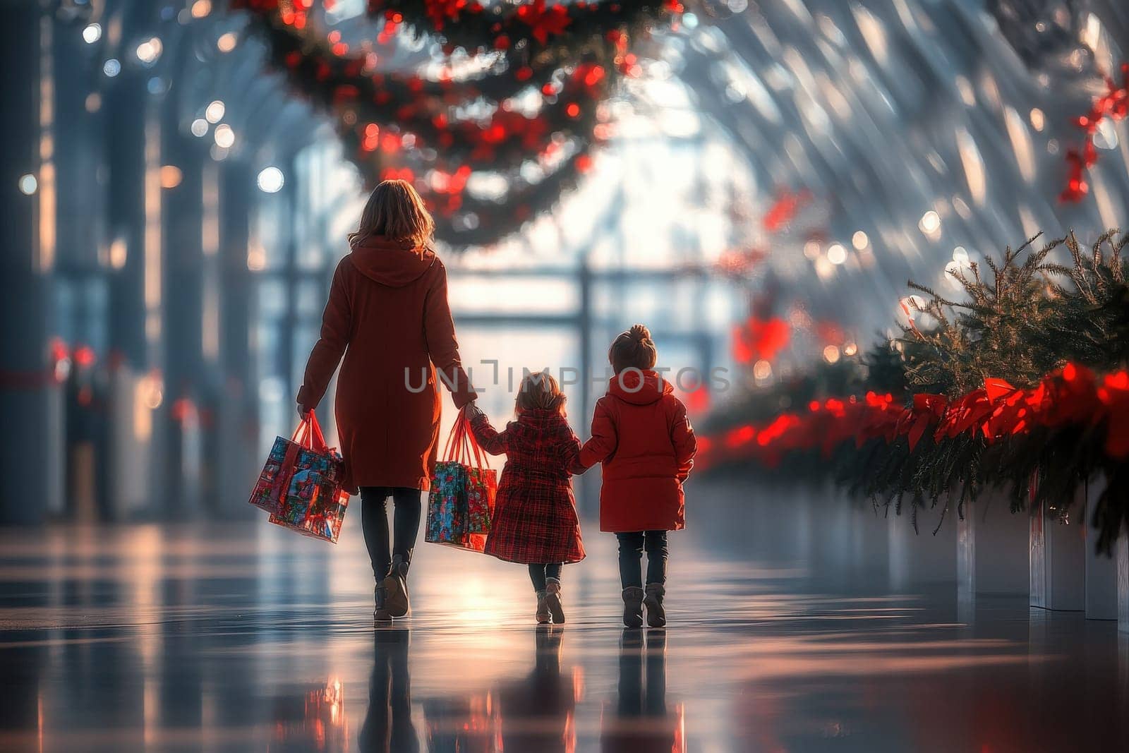 A mother and her young daughter walk hand in hand, carrying brightly wrapped shopping bags through a festive walkway adorned with holiday decor, reflecting a joyful atmosphere.