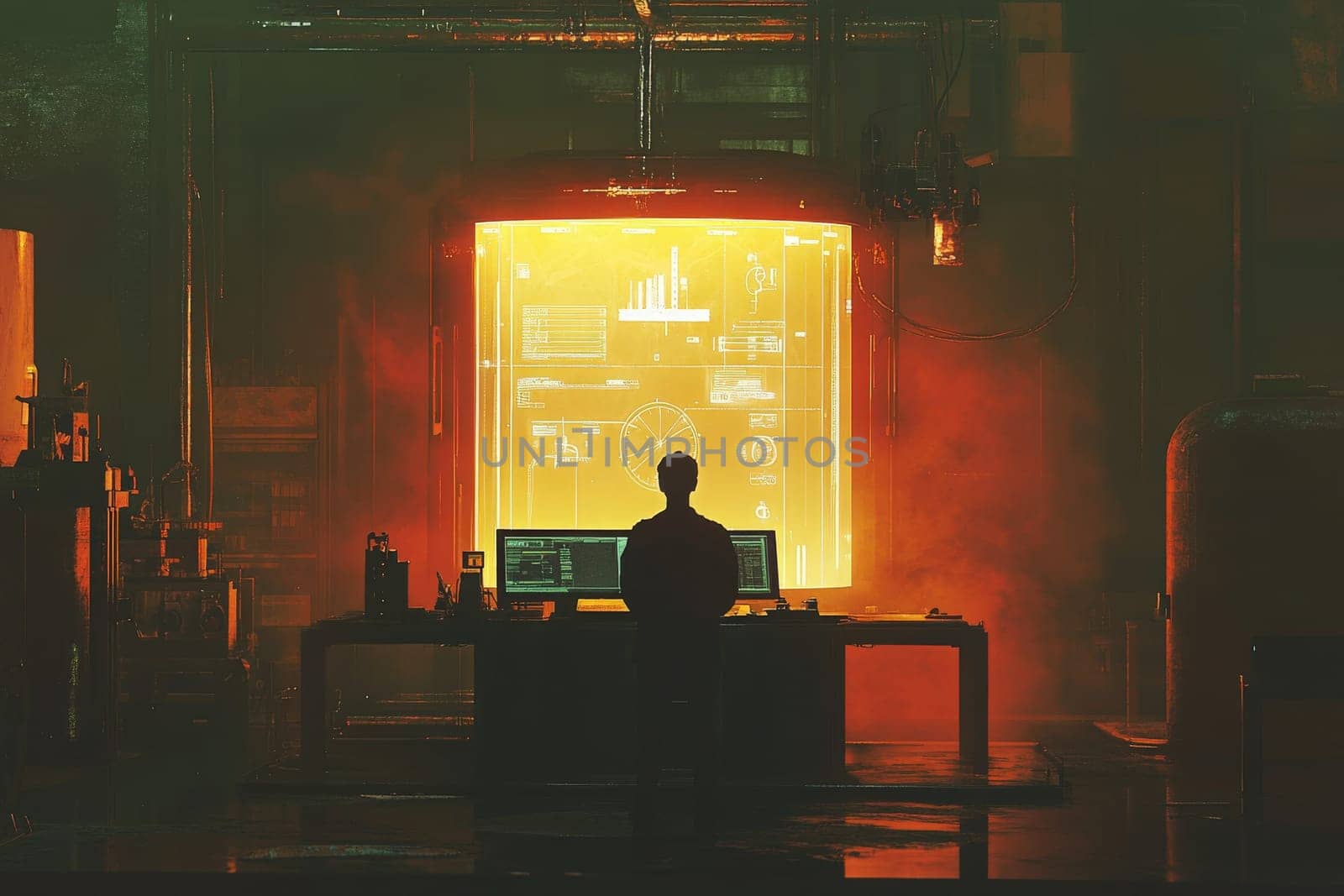 A worker in a factory interacts with a futuristic holographic display, analyzing data in a dimly lit environment. The scene showcases advanced technology amidst industrial machinery.