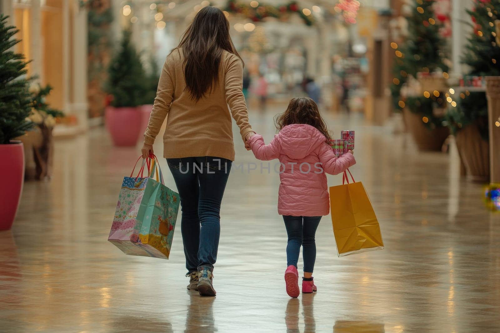 A mother and her young daughter stroll hand in hand through a beautifully decorated shopping mall, carrying colorful bags filled with holiday gifts and enjoying quality time during the festive season.