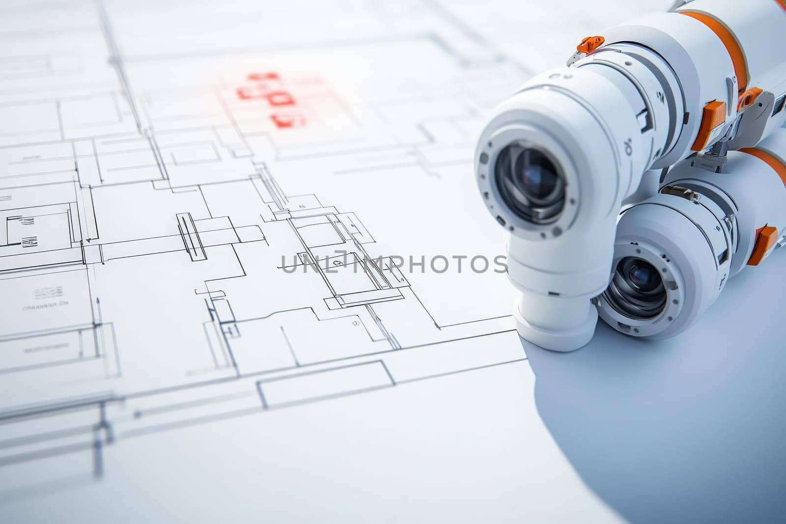 A handheld diagnostic tool rests on architectural plans, emphasizing its role in evaluating design accuracy and measurements in engineering. Its features assist professionals in precise assessments.