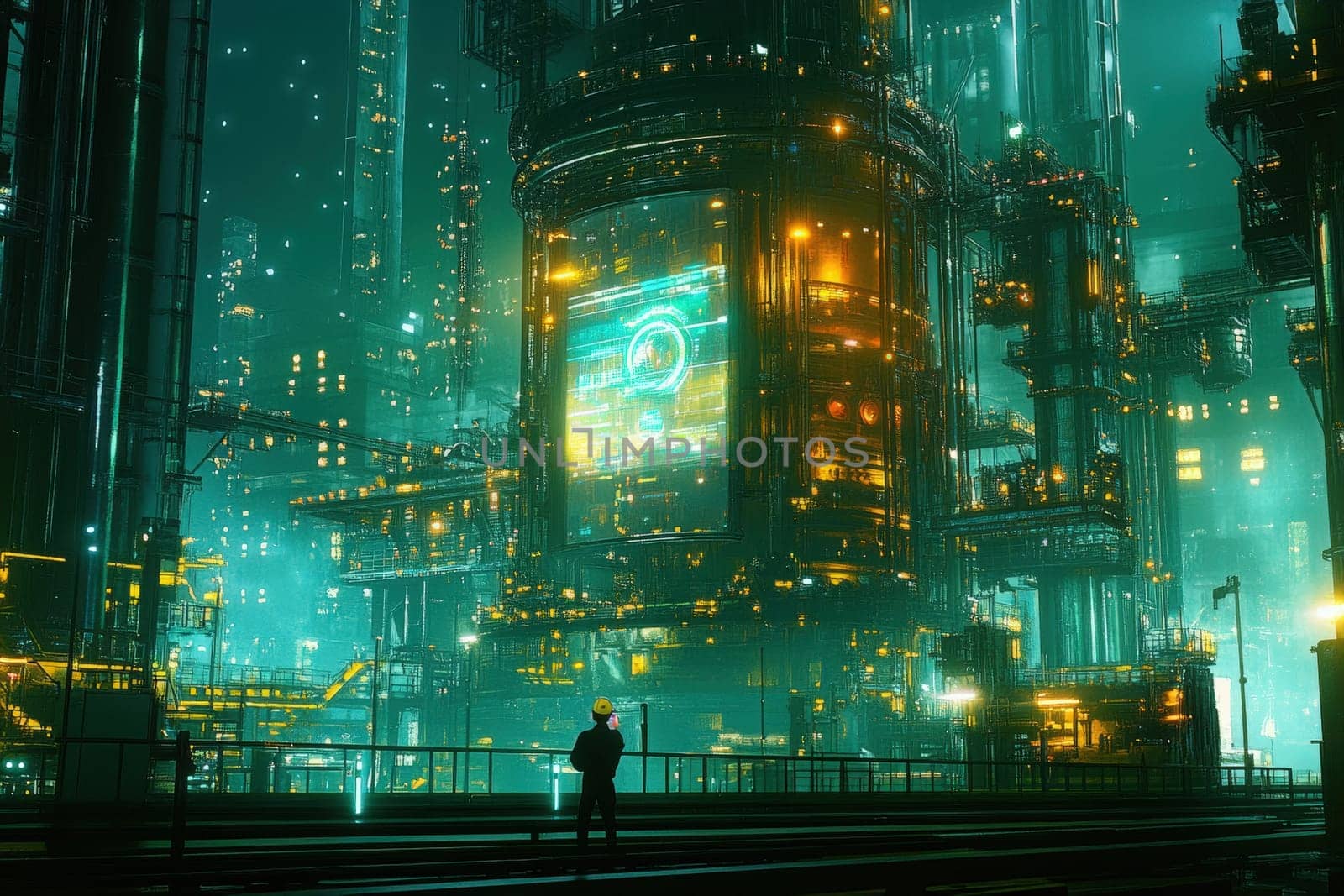 In a high-tech factory at night, a worker interacts with a holographic display amid illuminated machinery. The environment features advanced technology and vibrant lighting.