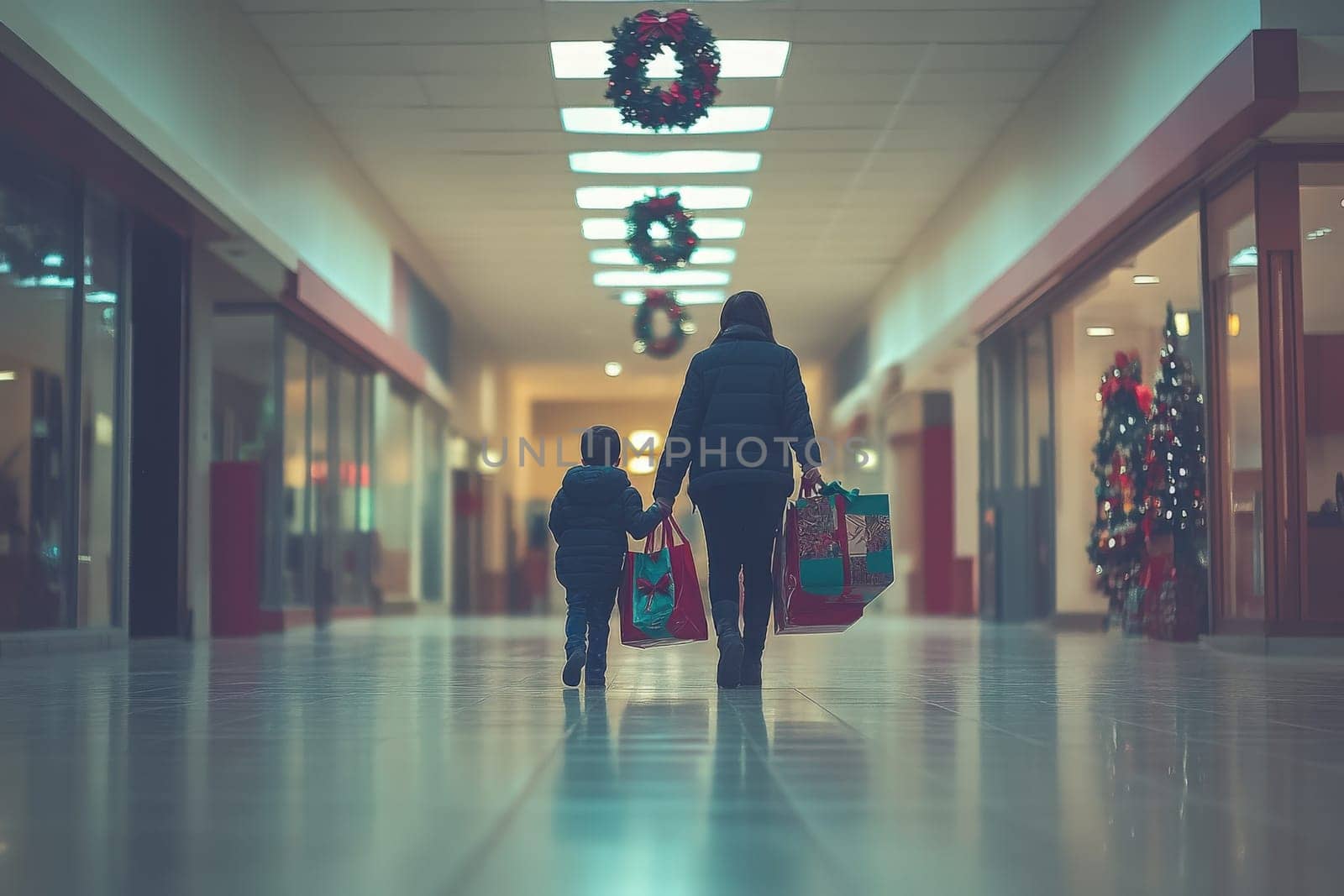 A mother and her child navigate a quiet shopping mall, hand in hand, each carrying colorful holiday bags while enjoying their time together amidst festive decorations.