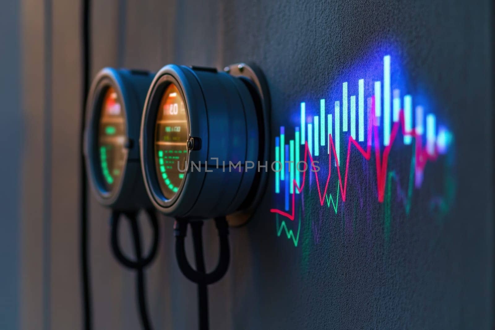 An isolated smart utility meter showcases data on energy consumption, illustrating real-time trends with colorful visualizations against a gray backdrop, emphasizing modern technology integration.