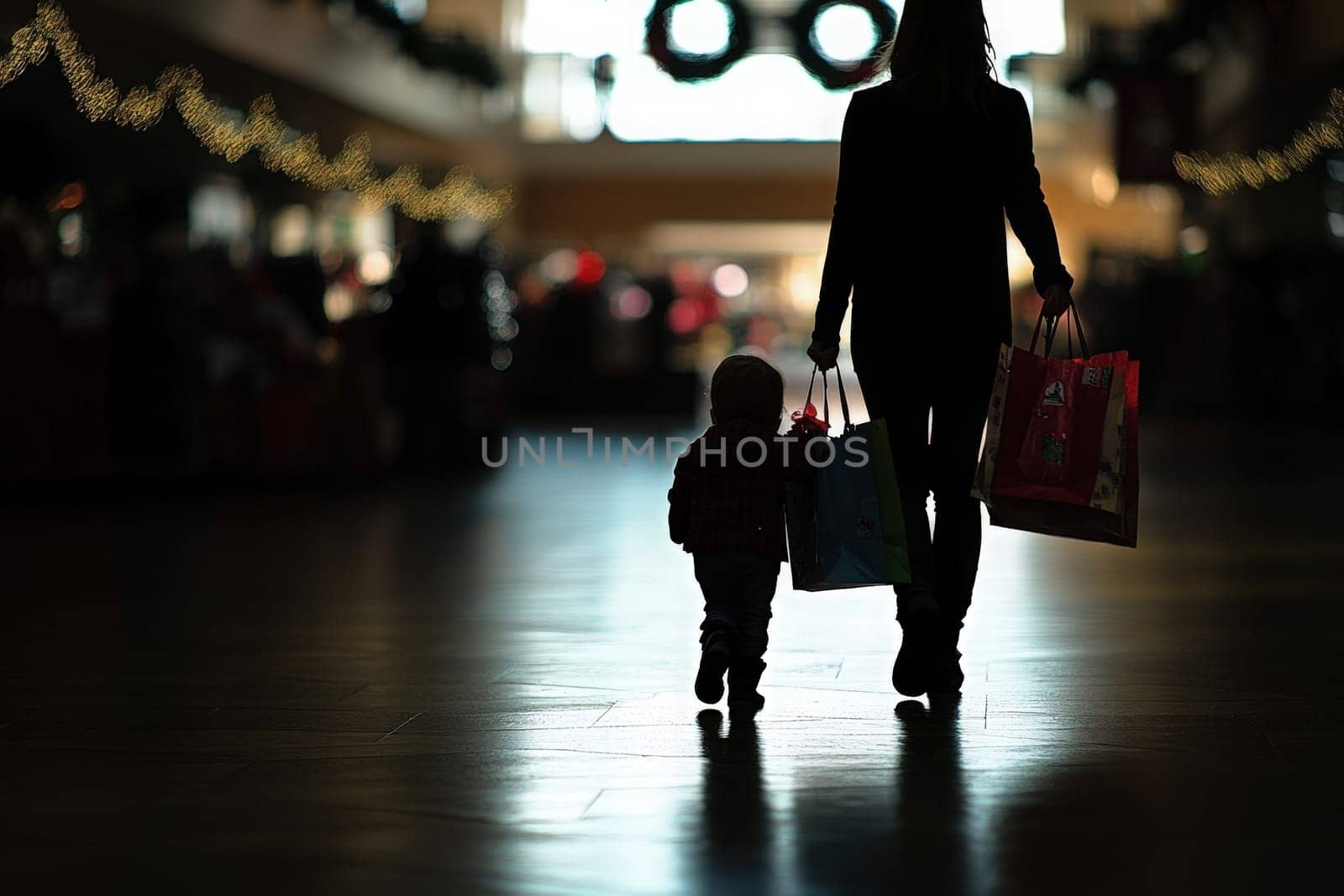 A mother holds shopping bags in one hand as she walks with her child, both silhouetted against a festive background filled with light and decorations, embodying the spirit of the holiday season.