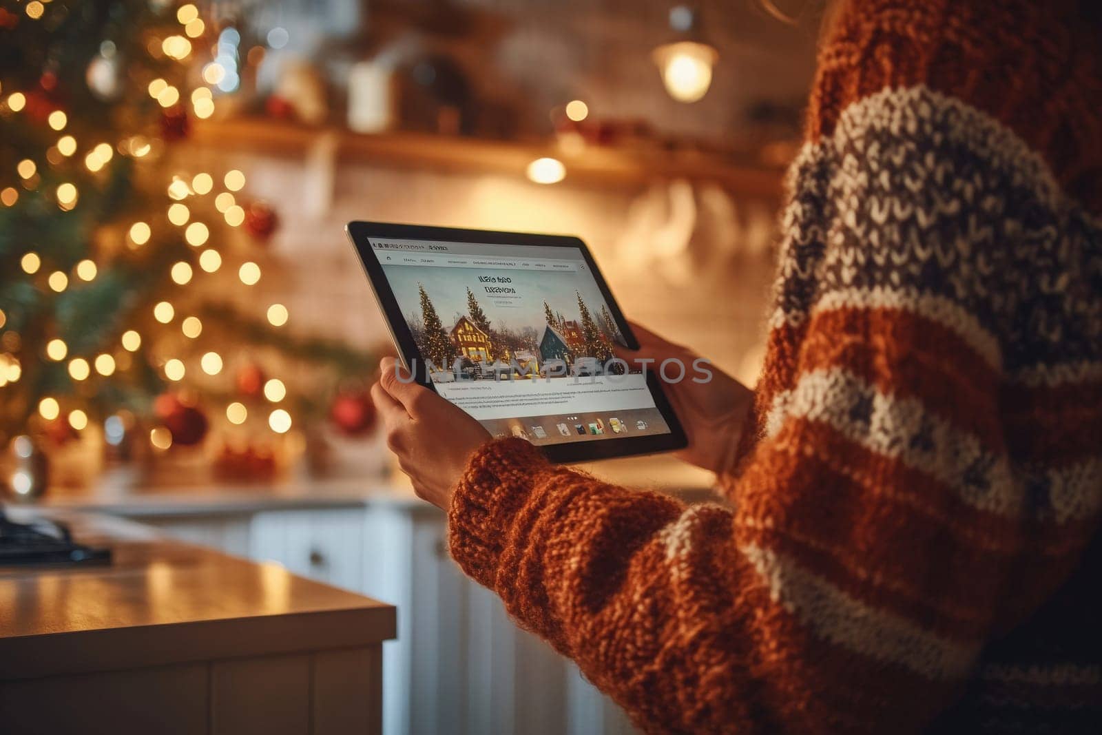 A person in a warm sweater holds a tablet, browsing holiday content in a beautifully decorated kitchen filled with lights and Christmas ornaments. The atmosphere is festive and inviting.