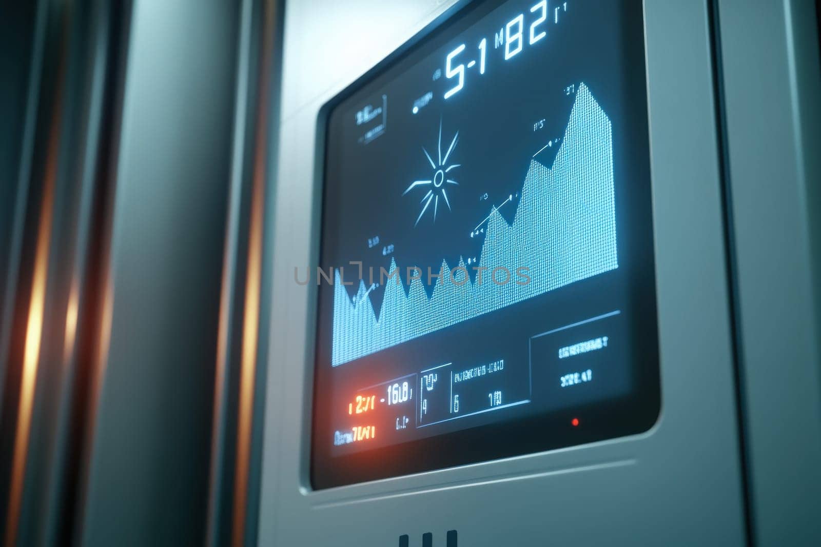 The smart utility meter shows current energy consumption and usage patterns on its digital display, providing detailed insights on indoor energy management and efficiency.