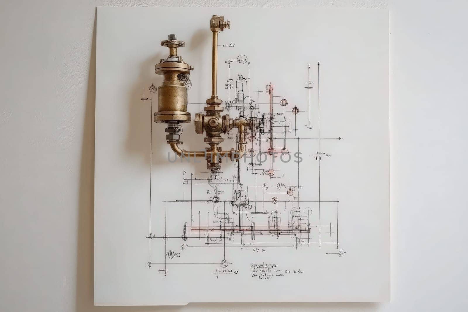 A handheld diagnostic tool is affixed to an engineering blueprint that details a plumbing system layout and specifications. The tool appears to be integral for analyzing the designs functionality.