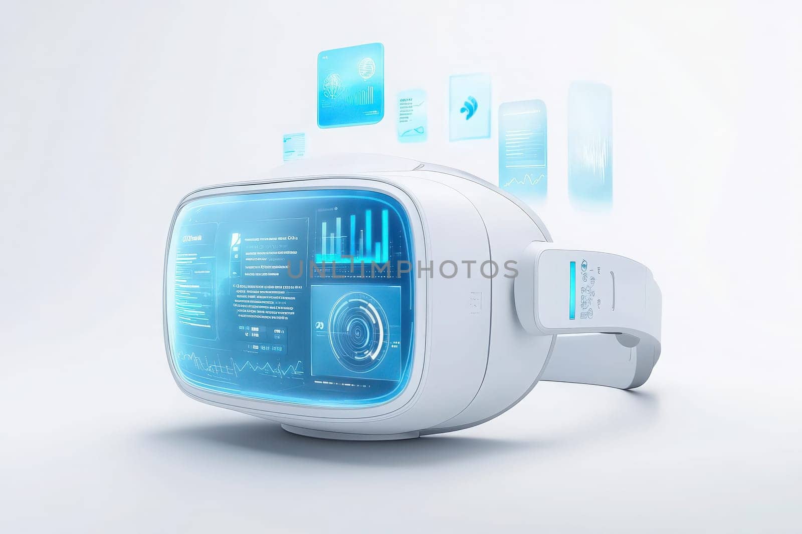 An augmented reality headset sits alone, featuring a transparent display showcasing various digital data and holographic graphics.