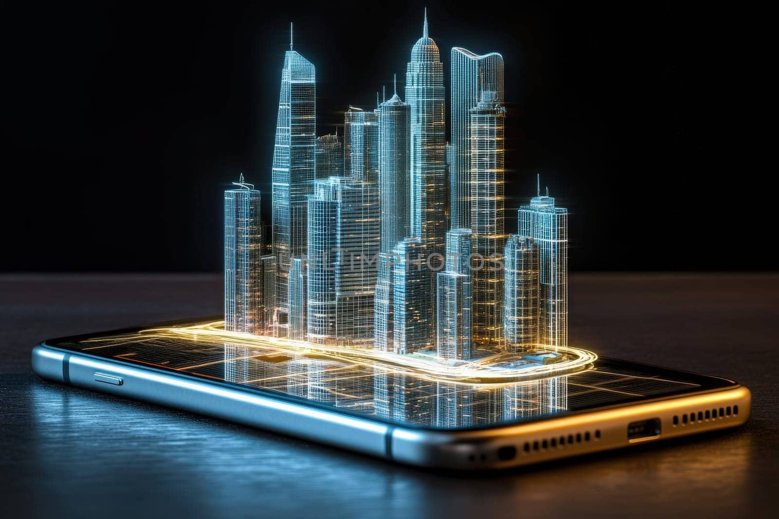 A modern smartphone sits alone on a dark surface, showcasing a vibrant, illuminated city skyline emerging from its screen. The glowing buildings create a mesmerizing urban landscape at night.