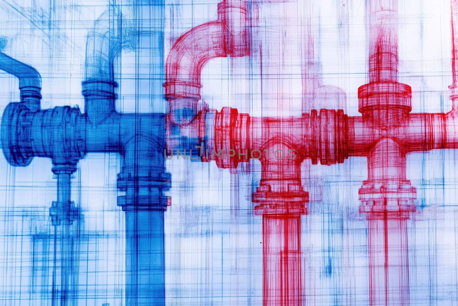 A diagnostic tool is being used to analyze color-coded piping in a mechanical area, highlighting differences in pressure or flow. The environment suggests a focus on plumbing diagnostics.