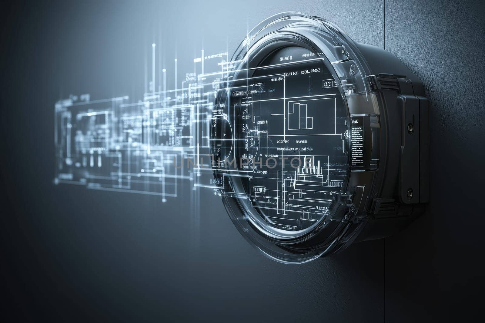 This isolated smart utility meter features a transparent design and displays a digital technical blueprint. It showcases advanced technology and energy monitoring capabilities on a dark wall.