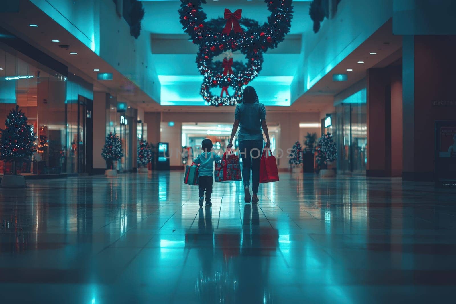 A mother and her child walk hand in hand through a brightly lit mall, carrying shopping bags surrounded by cheerful holiday decorations, capturing a warm festive atmosphere.