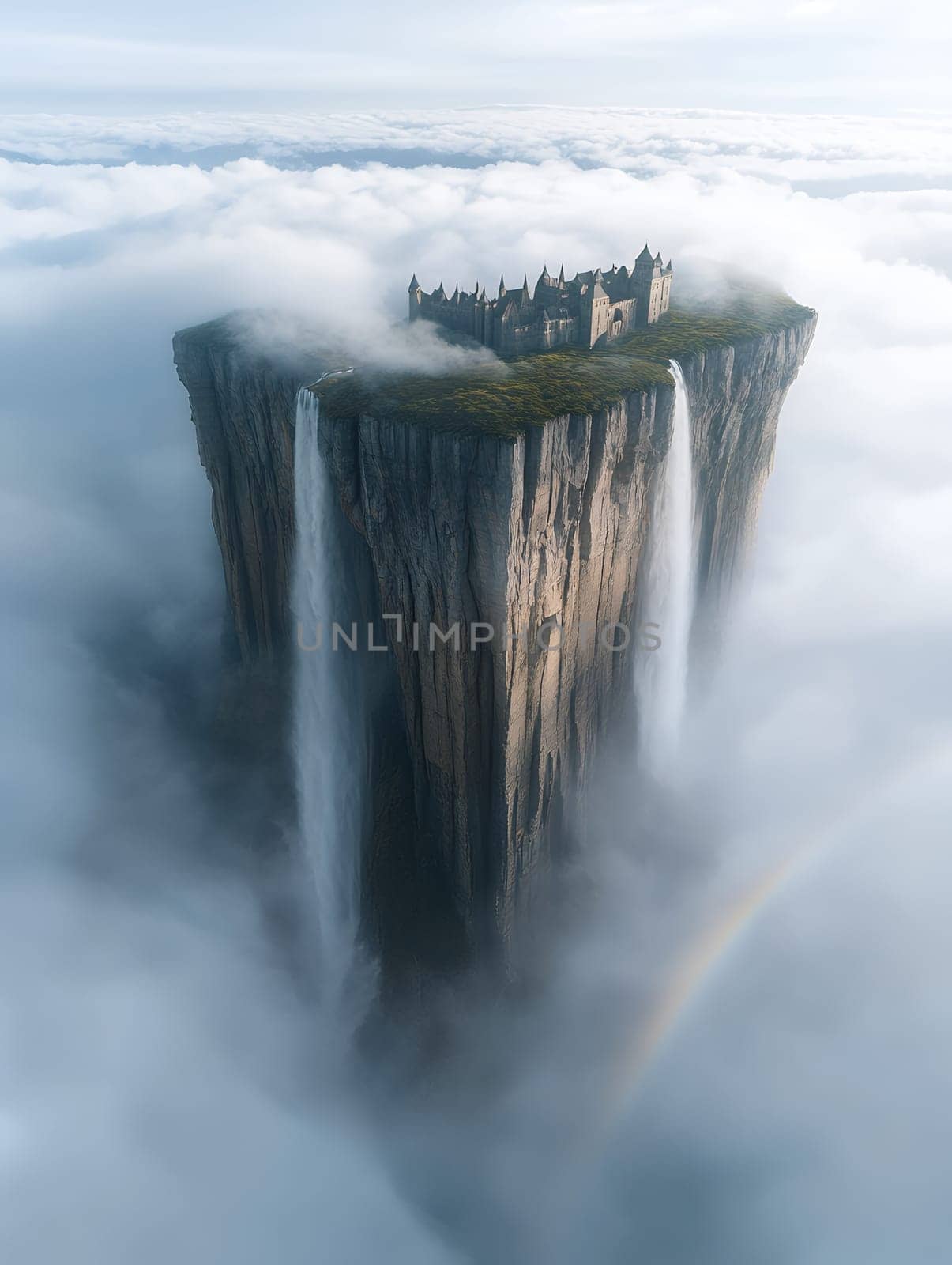 A stunning castle perched on a floating island surrounded by clouds and waterfalls.