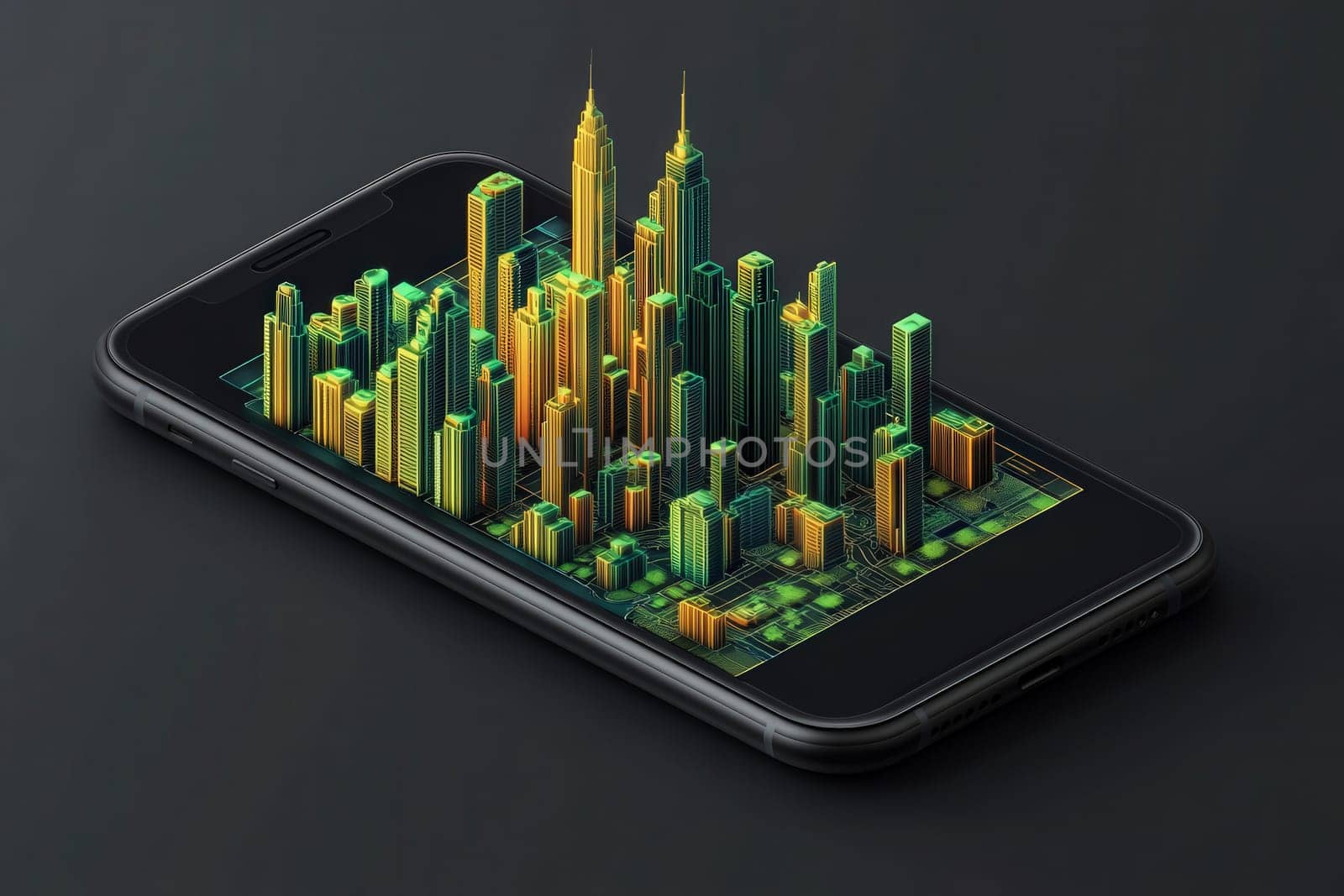 A sleek black smartphone features a colorful 3D city skyline emerging from its screen, showcasing detailed skyscrapers in green and yellow. The vibrant design highlights modern technology.